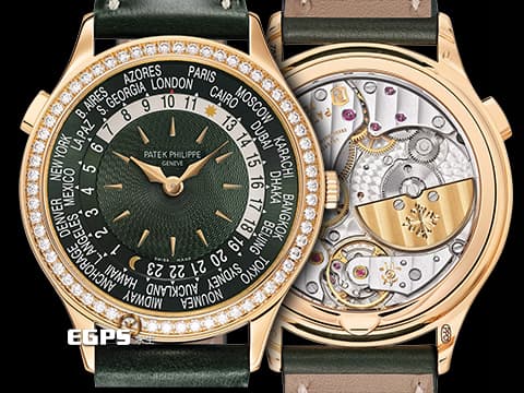 Patek philippe 百達翡麗 PP錶 Complications 複雜功能時計 World Time 世界時區 7130R-014 18K玫瑰金材質&nbsp;&nbsp;原廠鑲嵌89顆鑽石（1.09 克拉）錶圈、錶扣&nbsp;綠色手工雕紋面盤 2025年保單 新錶訂價：2,038,000元 自動上鍊 36mm