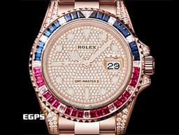 ROLEX 勞力士 GMT-MASTER II 格林威治型 18K永恆玫瑰金材質 126755SARU-PAVE DIAL <font color="#fa00fa">原鑲藍紅寶石錶圈</font> 兩地時區 <font color="#05f0f0">頂級百事圈！稀有夢幻收藏款！原鑲滿天星鑽石面盤&nbsp;</font><font color="#FF0000">2021年單 新式綠卡</font>&nbsp;自動上鏈 40mm