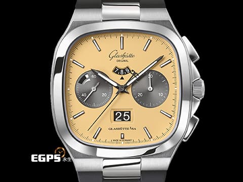 Glashutte Original 格拉蘇蒂 Seventies Chronograph Panorama Date「Golden Bay」海灣金面盤 限量100支&nbsp;復古系列 1-37-02-14-02-63 不鏽鋼 飛返 計時碼表 動能顯示&nbsp;2023年台灣公司貨 另附原廠不鏽鋼錶帶&nbsp;自動上鍊 40mm