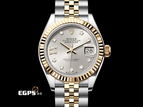 ROLEX 勞力士 Lady Date-Just 279173 18K黃金材質 半金款&nbsp;原廠鑲嵌星型鑽石時標 銀白色太陽紋面盤&nbsp;2025年保卡 蠔式女錶  28mm