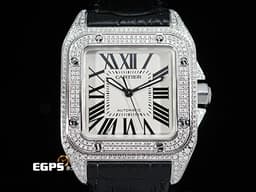 CARTIER 卡地亞 Santos 100 山度士 中型 <font color="#05f0f0">白色面盤 精鑲鑽框 黑色羅馬數字</font> 經典大三針<font color="#ff0000"> 2024年保單</font> 自動上鏈 36mm