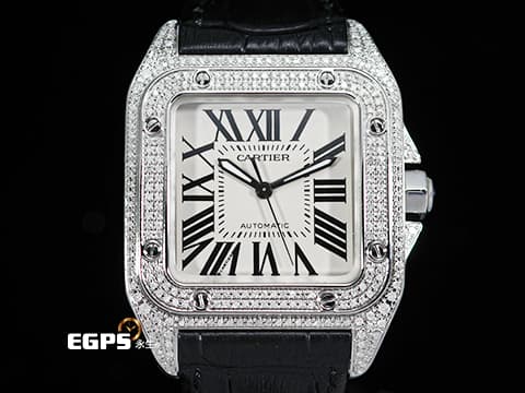 CARTIER 卡地亞 Santos 100 山度士 中型 白色面盤 精鑲鑽框 黑色羅馬數字 經典大三針 2024年保單 自動上鏈 36mm