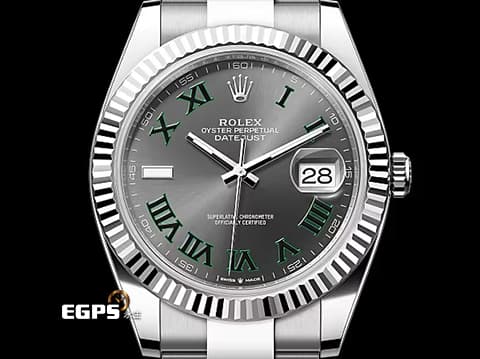 ROLEX 勞力士 Datejust 41 蠔式日誌型 126334 石板灰色面盤搭配綠羅馬時標 溫布頓 不鏽鋼 DJ41 經典三角坑紋錶圈 2026年保卡 蠔式（Oyster）三節錶帶 自動上鍊 41mm
