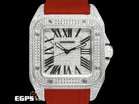 CARTIER 卡地亞 Santos 100 山度士 中型 精鑲滿天星鑽石面盤、鑲鑽錶圈&nbsp;紅色客製化皮革錶帶 自動上鍊 36mm