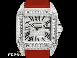 CARTIER 卡地亞 Santos 100 山度士 中型 <font color="#05f0f0">精鑲滿天星鑽石面盤、鑲鑽錶圈</font>&nbsp;<font color="#ff0000">紅色客製化皮革錶帶</font> 自動上鍊 36mm