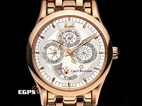 Carl F. Bucherer 寶齊萊 Manero 馬利龍 00.10902.03.16.01 18K玫瑰金材質 鏈帶款&nbsp;萬年歷 月相顯示功能&nbsp;新錶參考訂價：1,900,000元 整支重約4.9兩&nbsp;自動上鍊 40mm
