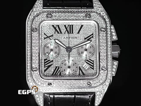 CARTIER 卡地亞 Santos 100 山度士 大型計時款 精鑲鑽石 滿天星鑽石面盤 夜光黑鋼指針 不鏽鋼材質 自動上鍊 42mm