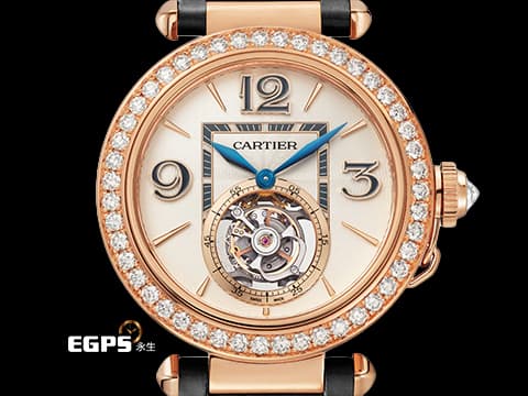 CARTIER 卡地亞 Pasha de Cartier HPI01575 18K玫瑰金材質 陀飛輪 錶冠鑲嵌0.36克拉 錶圈鑲嵌47顆(共1.98克拉)&nbsp;&nbsp;2026年保卡 新式「QuickSwitch」錶帶快拆系統 附皮革錶帶 新錶訂價：約3,480,000元&nbsp;自動上鍊 35.1mm