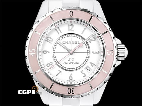 CHANEL 香奈兒 J12 H4468 高科技陶瓷 白色陶瓷材質&nbsp;粉紅色單向旋轉陶瓷錶圈 粉紅色秒針 阿拉伯數字 限量1200只 自動上鍊 38mm