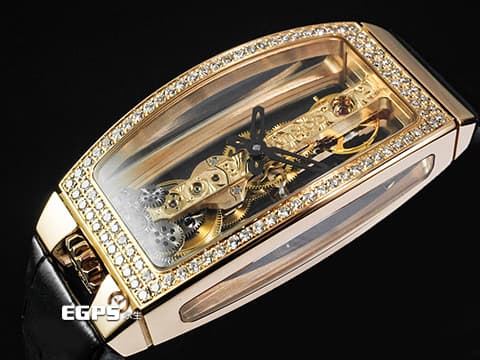 CORUM 崑崙 Gold Bridge 金橋 113.102.85&nbsp;經典 酒桶型 18K玫瑰金材質 雙側邊全透視錶殼 全鏤空設計&nbsp;原廠鑲嵌168顆鑽石錶圈（約0.65克拉）酒桶型錶殼線條流暢 當代美學 新錶訂價：約1,595,700元台幣 手上鍊 34x51mm