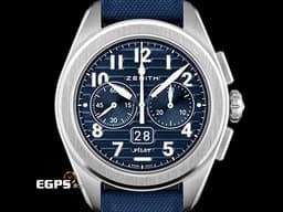 ZENITH 真力時 PILOT BIG DATE FLYBACK 03.4000.3652/51.I003 不鏽鋼材質 <font color="#ffff00">飛返計時功能 瞬跳大日期窗 藍色裝飾橫向凹紋</font> <font color="#70cce1">三色分鐘計時</font> <font color="#FF0000">2024年保卡專門店限定版&nbsp;</font> 自動上鍊 42.5mm