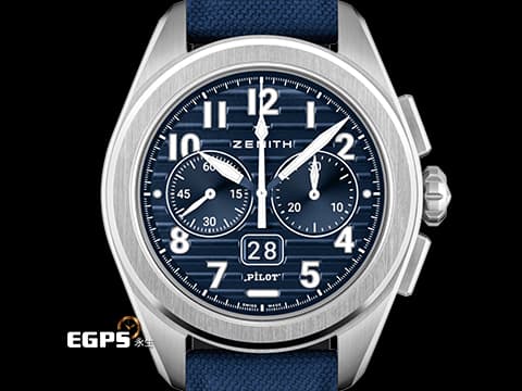 ZENITH 真力時 PILOT BIG DATE FLYBACK 03.4000.3652/51.I003 不鏽鋼材質 飛返計時功能 瞬跳大日期窗 藍色裝飾橫向凹紋 三色分鐘計時 2024年保卡專門店限定版&nbsp; 自動上鍊 42.5mm