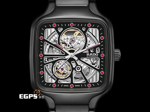 RADO 雷達 True Square 真我方形系列 R27174712 限定款 黑色陶瓷材質 12顆鮮豔紅寶石時標 2026年保卡 自動上鍊 38mm
