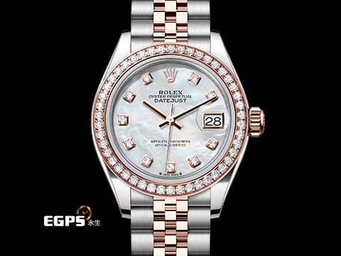 ROLEX 勞力士 Lady-Datejust 279381RBR 蠔式日誌型 18K玫瑰金材質 半金款 原廠鑲嵌鑽石圈、時標 白色珍珠貝母面盤&nbsp;2024年保卡  自動上鍊 28mm