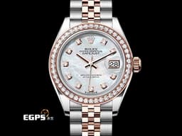 ROLEX 勞力士 Lady-Datejust 279381RBR 蠔式日誌型 18K玫瑰金材質 半金款 <font color="#05f0f0">原廠鑲嵌鑽石圈、時標 白色珍珠貝母面盤</font><font color="#FF0000">&nbsp;2024年保卡 </font> 自動上鍊 28mm