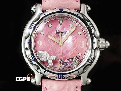 CHOPARD 蕭邦 Happy Sport Zodiac 快樂鑽 星座 雙魚座 288347-3013  粉色面盤 原廠雙魚座造型跑鑽 不鏽鋼 2024年保單 石英機芯 38mm