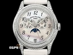 PATEK PHILIPPE 百達翡麗 PP錶 Annual Calendar 複雜功能計時系列 4937G/001 18K白金材質 <font color="#fa00fa">年曆錶 月相顯示</font><font color="#05f0f0"> 原廠鑲嵌鑽石錶圈 珍珠貝殼面盤</font>&nbsp;自動上鍊 37mm