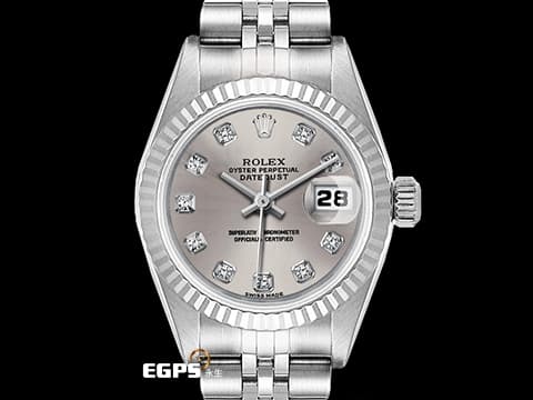 ROLEX 勞力士 Datejust 79174 銀灰色面盤 原廠鑽石時標 18K白金三角坑紋圈 904L不鏽鋼材質&nbsp;&nbsp;自動上鍊蠔式女錶 26mm