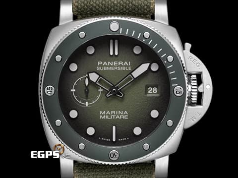 PANERAI 沛納海&nbsp;Submersible Marina Militare PAM01697 PAM1697 不鏽鋼材質 啞光綠色陶瓷單向旋轉錶圈 向義大利海軍航空隊致敬&nbsp;三日鍊 小秒針&nbsp;2026年保卡 自動上鍊  44mm