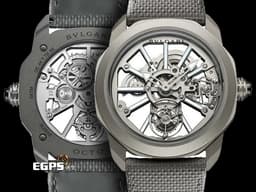 BVLGARI 寶格麗 Octo Tourbillon Sapphire titanium 104195 鈦金屬材質 <font color="#0582f5">特殊按鈕可啟動時間設定、上鍊 鏤空飛行陀飛輪機械機芯 藍寶石水晶錶殼夾層中殼</font> <font color="#FF0000">2025年保卡 新錶參考訂價：2,130,000元 </font> 手動上鏈機芯 44mm