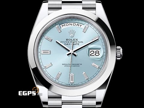 ROLEX 勞力士 Day-Date 40 蠔式 星期日曆型 228206A&nbsp;冰藍色面盤 梯鑽石標面盤&nbsp;PT950 鉑金材質 DD&nbsp;絕版款 元首型（President）錶帶&nbsp;總統帶 2020年保卡 台灣公司貨&nbsp;自動上鍊 40mm