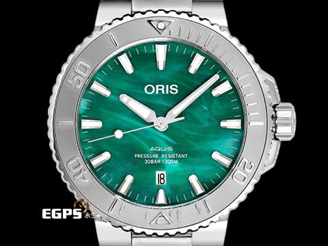 ORIS豪利時 Oris Aquis Date x Bracenet特別版 0173377304137 獨一無二的綠色萬花筒紋理 每支紋路皆不同 海洋保護聯名款 原廠膠膜全新未拆封&nbsp;不鏽鋼材質 2025年保單 潛水錶 自動上鍊 43.5mm