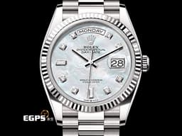 ROLEX 勞力士 Day-Date 36 蠔式 星期日曆型 128239NG&nbsp;<font color="#a2e8f1">原廠鑽石時標 珍珠貝母面盤</font> 18K白金材質 DD36 經典三角坑紋錶圈 <font color="#ff0000">2025年12月保卡 元首型（President）錶帶 總統帶</font>&nbsp;128239 NG 自動上鏈 36mm