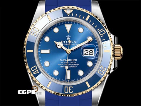 ROLEX 勞力士 Submariner Date 蠔式 潛航者 126613LB 藍水鬼 藍色陶瓷錶圈 搭配Vagenari藍色橡膠錶帶&nbsp;126613 LB 半金款 18K黃金 潛水錶 2022年保卡 自動上鍊 41mm