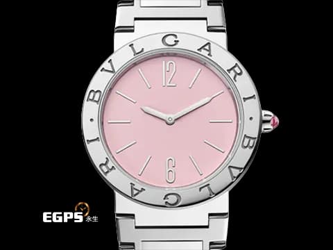 BVLGARI 寶格麗 Bulgari Lady系列 103711 不鏽鋼材質&nbsp;粉紅色面盤 鑲嵌粉色尖晶石錶冠&nbsp;2026年保卡&nbsp;石英機芯 33mm