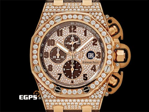 Audemars Piguet 愛彼 AP錶 Royal Oak 皇家橡樹 26215OR.ZZ.A801CR.01 玫瑰金材質 自動上鍊  稀有原廠鑲嵌明亮型切割美鑽，滿天星面盤，鑽石錶殼及鑽帶扣，全錶鑲嵌過600顆鑽石的滿天星鑽錶款！絕對是高貴的象徵！ 48mm