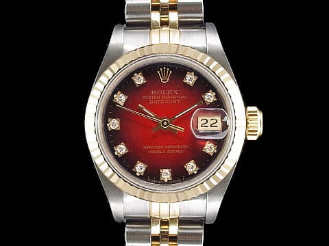 ROLEX 勞力士 DATEJUST 69173 蠔式 半金 漸層紅色面盤 鑽石時標 自動女錶 26mm