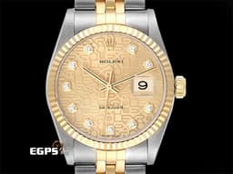 ROLEX 勞力士 DATEJUST 16233 蠔式日誌型 18K黃金 半金款 <font color="#fa00fa">原廠鑲嵌鑽石時標</font><font color="#FF00FF"> </font><font color="#fafa01">香檳金色紀念型面盤</font><font color="#FF00FF">&nbsp;</font>經典<font color="#FF00FF">&nbsp;</font>自動上鍊 36mm