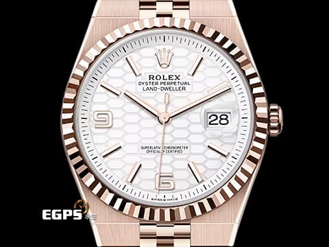 ROLEX 勞力士 Land-Dweller 127335 18K玫瑰金材質&nbsp;最新系列 陸行者 勞力士數一數二的透背錶款 醇白色蜂巢圖案錶面&nbsp;絲滑服貼的最新錶帶設計&nbsp;2026年保卡 纖薄紀念型（Flat Jubilee）錶帶&nbsp;自動上鍊 40mm
