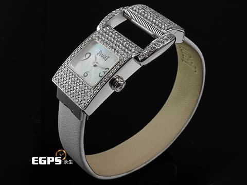 PIAGET 伯爵錶 Miss Protocole 18K白金材質&nbsp;白色珍珠貝母面盤 精鑲鑽石錶圈、錶耳 石英機芯 17x44mm