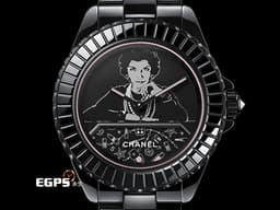 CHANEL 香奈兒 MADEMOISELLE J12 BLUSH CALIBER H10313 <font color="#05f0f0">香奈兒女士面盤 黑色漆面搭配粉紅彩妝品圖騰轉盤（每五分鐘轉一圈，巧妙的展示妝品圖案）</font>&nbsp;<font color="#05f0f0">錶冠鑲嵌約0.16克拉鑽石</font>&nbsp;<font color="#ff0000">2025年保卡 限量款</font>&nbsp;自動上鏈 33mm