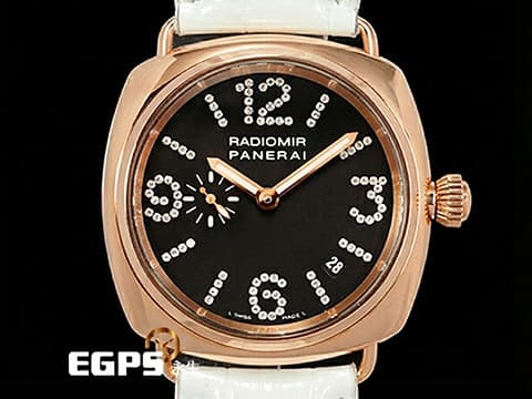 PANERAI 沛納海 Radiomir PAM00136 原廠鑲嵌88顆頂級天然美鑽時標面盤 小秒針 玫瑰金材質 PAM136 數量稀少的原鑲鑽石時標小沛&nbsp;限量200只 典藏錶盒、限量證書 自動上鏈 40mm