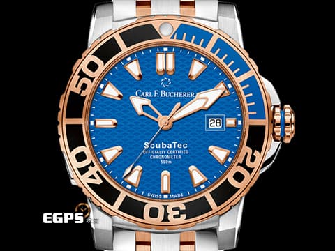 Carl F. Bucherer 寶齊萊 Patravi ScubaTec 柏拉維 深潛 00.10632.24.53.21 藍色雕紋面盤&nbsp;18K玫瑰金 半金款&nbsp;排氦氣閥&nbsp;2025年保卡 潛水錶 自動上鍊 44.6mm