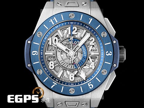 HUBLOT 宇舶 Big Bang 大爆炸 Unico GMT 三日鍊 兩地時間 471.NL.7112.RX 鈦金屬材質&nbsp;藍色陶瓷錶圈&nbsp;鏤空面盤 2021年保卡&nbsp;自動上鍊 45mm