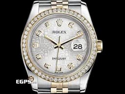 ROLEX 勞力士 DATEJUST 116243 蠔式日誌型 18K黃金材質 半金款 <font color="#05f0f0">原廠鑲嵌鑽石錶圈、時標 紀念面盤</font>&nbsp;<font color="#ff0000">2016年保卡 紀念型錶帶</font> 自動上鏈 36mm