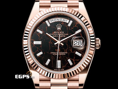 ROLEX 勞力士 Day-Date 40 DD 蠔式 星期日曆型 228235 永恆玫瑰金 赤鐵石英 稀少的特殊礦石面盤 原廠鑲嵌方形鑽石時標 2026年6月 新式木質保卡 自動上鍊 40mm
