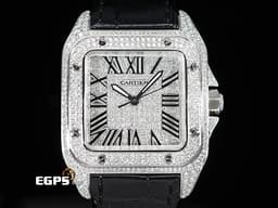 CARTIER 卡地亞 Santos 100 山度士 中型 <font color="#05f0f0">精鑲滿天星鑽石面盤、鑲鑽錶圈</font>&nbsp;黑色客製化皮革錶帶 自動上鍊 36mm