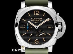 PANERAI 沛納海 Luminor 1950 3 Days GMT Power Reserve PAM01537 巴黎釘紋飾面盤 <font color="#b78e62">菸草色夜光時標 菸草面</font> 兩地時區 三日鍊 動力顯示<font color="#0582f5"> 藍色小秒針</font>&nbsp;PAM1537 不鏽鋼&nbsp;<font color="#FF0000">2018年保卡&nbsp;</font>自動上鏈 42mm