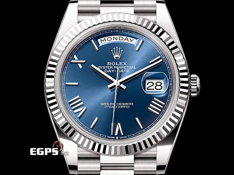 ROLEX 勞力士 Oyster Day-Date 40 蠔式 日期星期型 228239 立體羅馬時標搭配 藍色太陽放射紋面盤 18K白金 2016年保卡 經典三角坑紋錶框 元首型（President）總統帶 DD40 &nbsp;自動上鍊 40mm