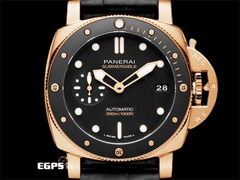 PANERAI 沛納海 Submersible PAM1164 三日鍊 玫瑰金 複合式材質錶殼 Goldtech玫瑰金材質、黑色陶瓷錶圈，小沛潛水錶款稀有的適合亞州人手腕的44mm黃金尺寸，2022年保單 自動上鍊 44mm