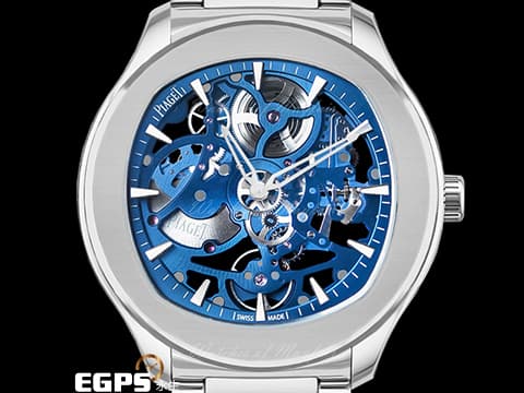 PIAGET 伯爵 Polo skeleton系列 G0A45004 藍色鏤空面盤 微型自動盤超薄鏤空機芯&nbsp;枕型 不鏽鋼 2023年保單 新式快拆錶帶 另附原廠藍色皮錶帶 自動上鍊 42mm
