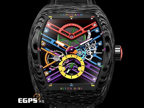 Franck Muller 法蘭穆勒 FM錶 Vanguard Skeleton V41&nbsp;鍛造炭材質錶殼&nbsp;V41 S6 SQT COL DRM 七日鍊 Colour Dreams鏤空面盤 小秒針 酒桶型&nbsp;2025年保單 手動上鍊 41mm