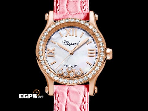 Chopard 蕭邦錶 Happy Sport 快樂鑽系列 HAPPY DIAMONDS 274893-5010 18K玫瑰金材質 5顆跑鑽&nbsp;經典 原廠鑲嵌鑽石錶圈 珍珠貝母面盤 2026年保單 新錶訂價：930,000元&nbsp;自動上鍊 30mm