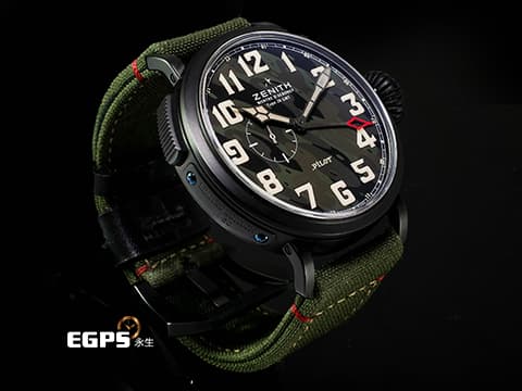 ZENITH 真力時 Heritage Pilot Type20 飛行員 96.2437.693/27.C788 GMT 兩地時區&nbsp;軍事迷彩 全球限量版50支&nbsp;迷彩面盤 鈦金屬材質&nbsp;大洋蔥頭錶冠 48mm大錶徑 2017年保卡&nbsp;自動上鍊 48mm