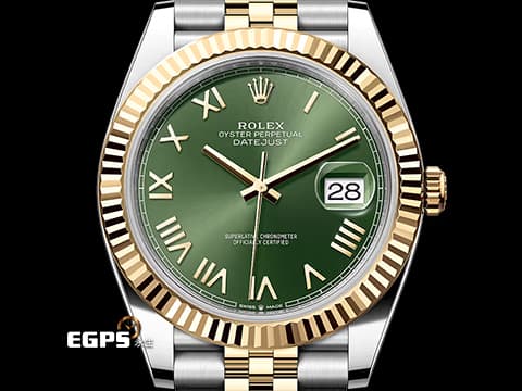 ROLEX 勞力士 DateJust 41 蠔式日誌型 126333 18K黃金材質 半金款 DJ41 經典三角坑紋錶圈 新款綠色面盤搭配金質立體羅馬時標&nbsp;2026年保單 紀念型（Jubilee）五銖錶帶 自動上鍊 41mm