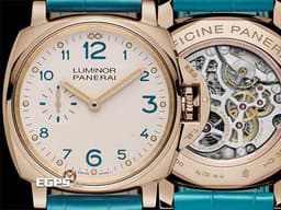 PANERAI 沛納海 Luminor Due 3 Days PAM741 Oro Rosso <font color="#e6e6e0">象牙白色面盤</font>搭配<font color="#3d81a4">藍色數字時標</font> PAM00741 三日鍊 小秒針 玫瑰金材質 <font color="#ff0000">特製P.1000/10鏤空機芯</font>&nbsp;<font color="#FF0000">2020年保單 </font>手上鍊 42mm